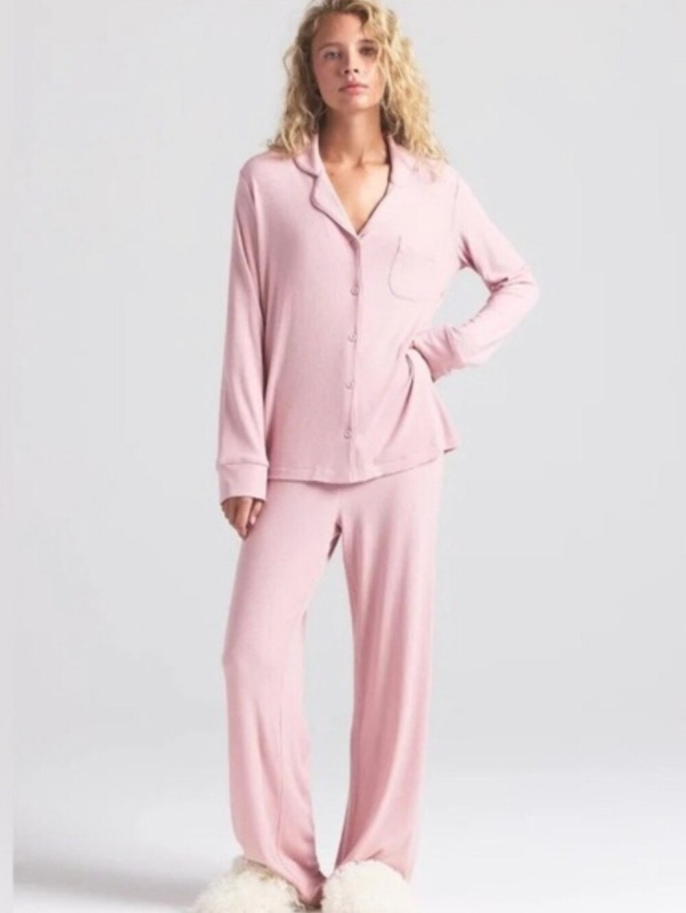 SKIMS SOFT LOUNGE PAJAMA SET IN MORGANITE PINK TOP PANTS